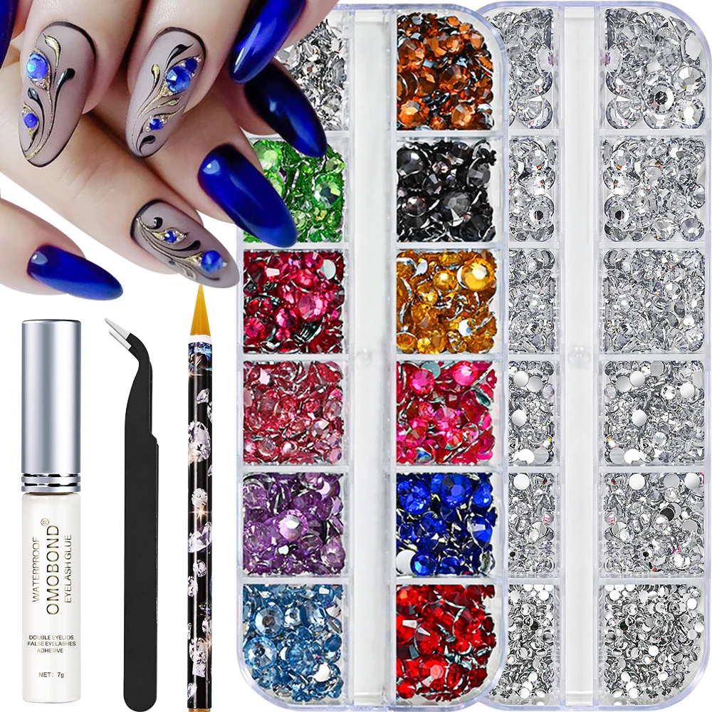 2Boxes Nail Art Rhinestone Kit Resin Flatback Crystals With Wax Pick-up Pen, Tweezers, Glue, DIY Nail Decors For Girls & Women *