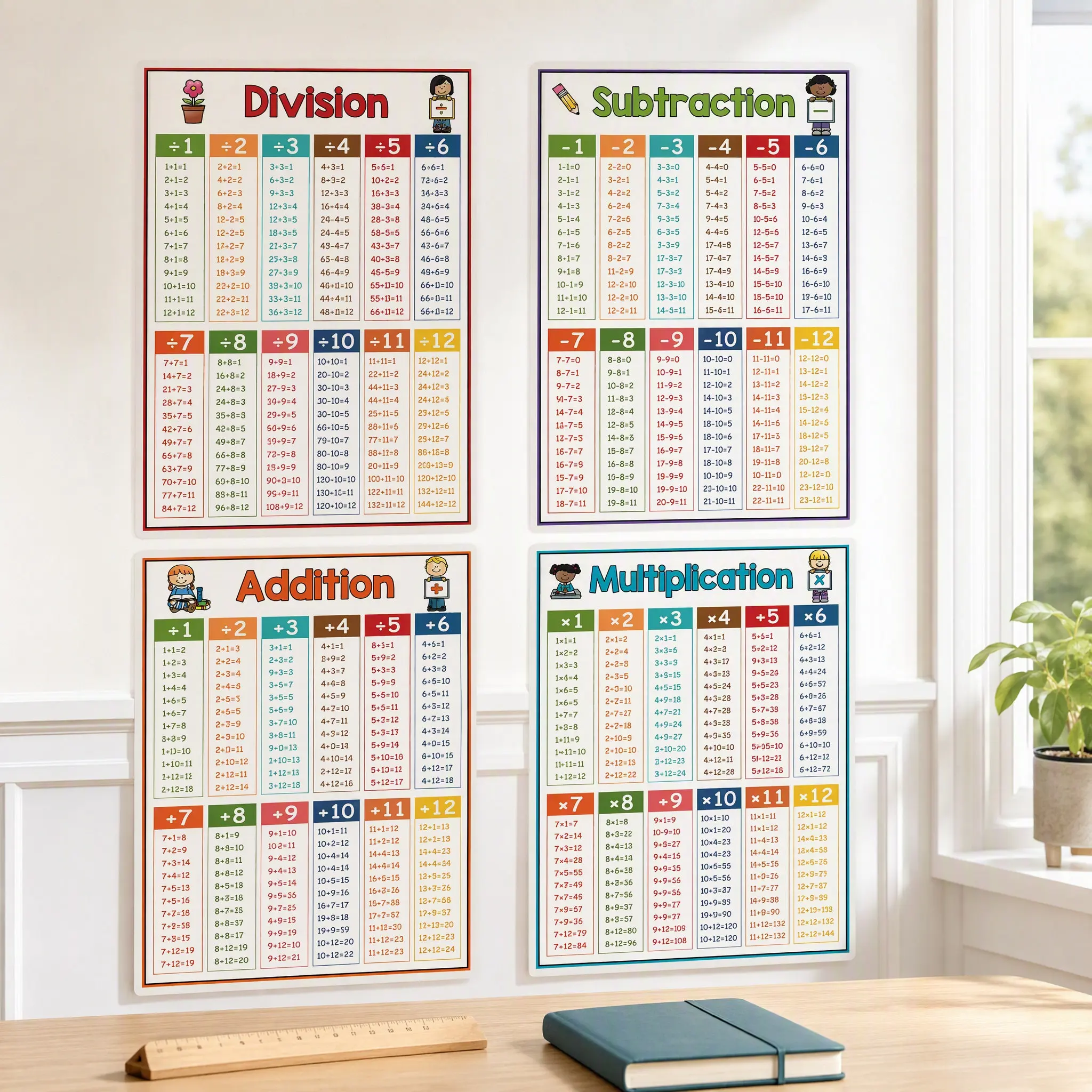 4Pcs High Visibility Math Education Poster Kit Times Table Chart Hundreds Chart Multiplication Game Support for Kindergarten