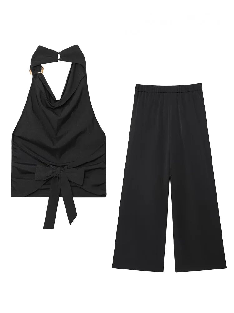 

HH Women Summer Casual 2-Piece Set Bow Hanging Neck Collar Sleeveless Backless Top+Pockets Cross Waist Solid Wide-leg Pants