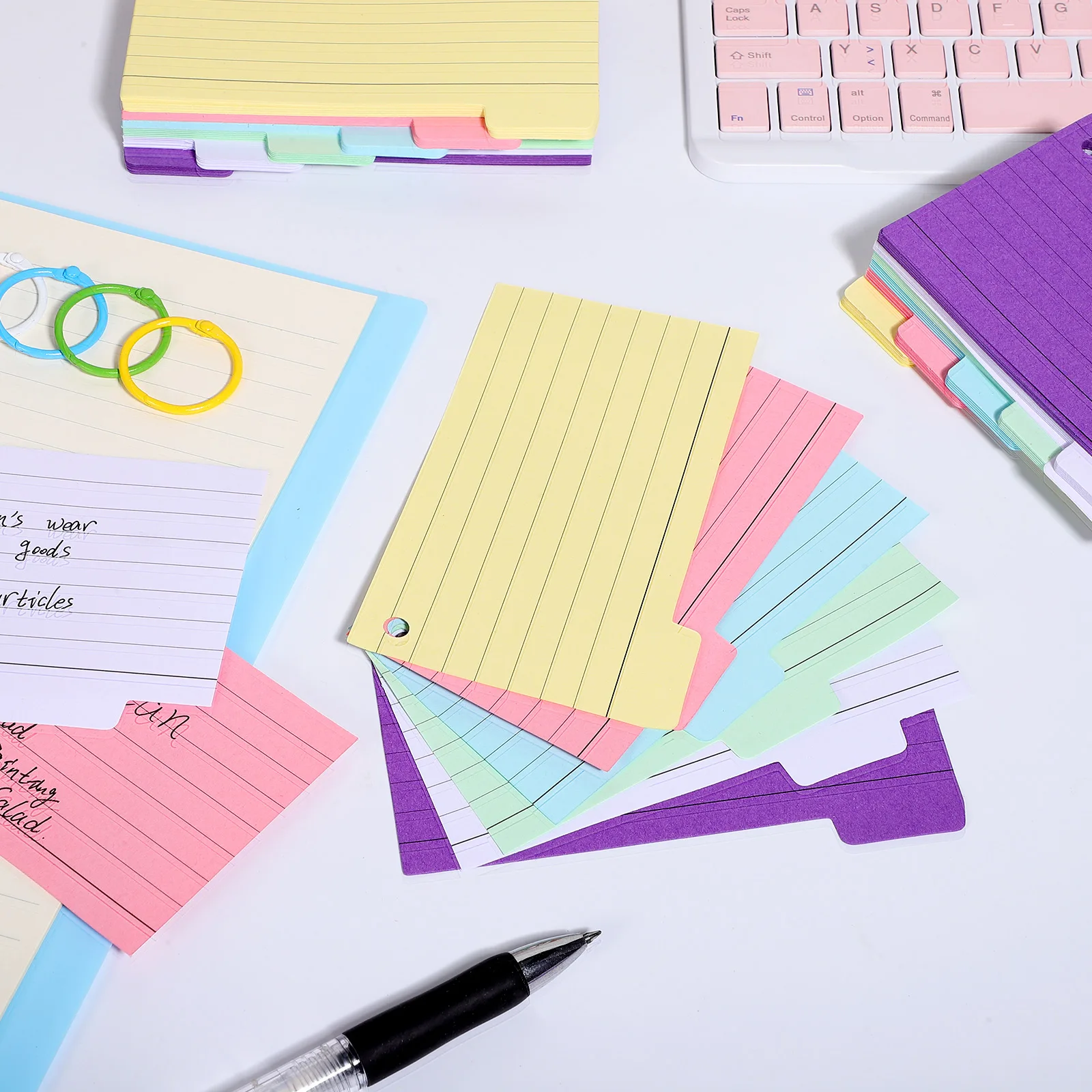 300 Sheets Ruled Index Cards with Tabs Color-Coded Flash Cards for Notes Studying Projects Pre-Punched Holes Metal Binder Rings