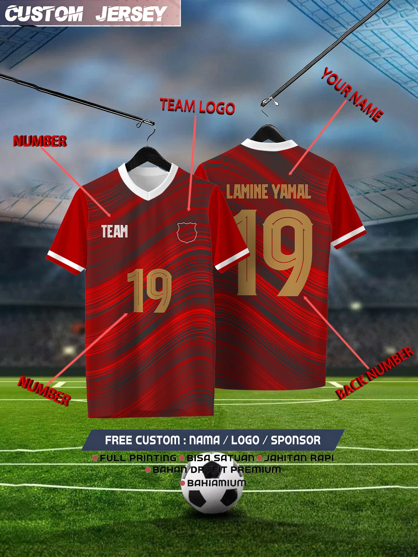 

Customized Geometric Red Short Sleeved Shirt with Team Name, Emblem, Name and Number, Outdoor Sports Short Sleeved T-shirt