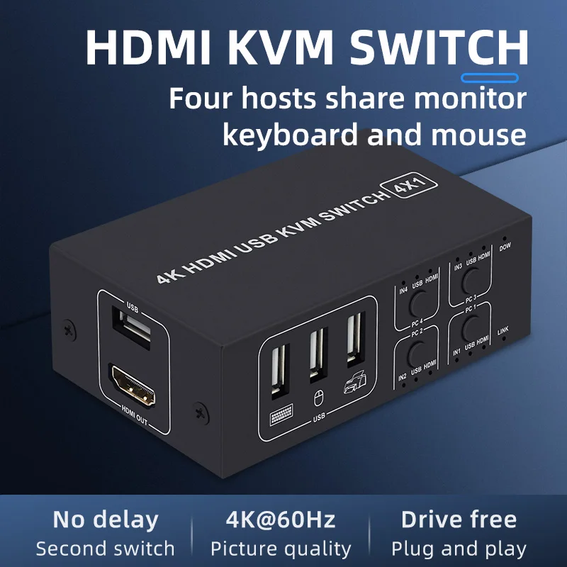 

4x1 HDMI KVM Switch 4 in 1 Out 4K 60Hz USB Switcher Converter with Desktop Controller 4 PC Share Monitor Mouse Keyboard Camera