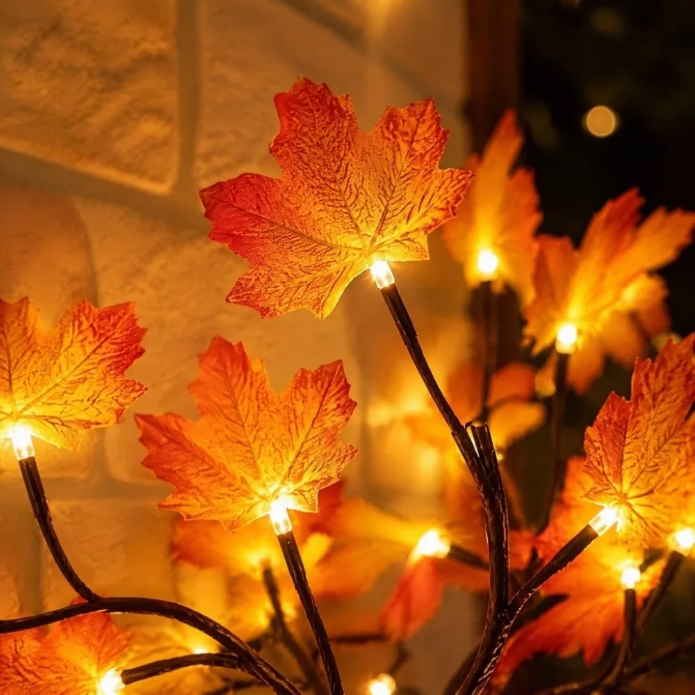 USB Powered Maple Leaf Branch Lights Flexible Vine Bendable Vine Autumn Vine Garland 8 Lighting Modes Lighted Maple Leaf Garland