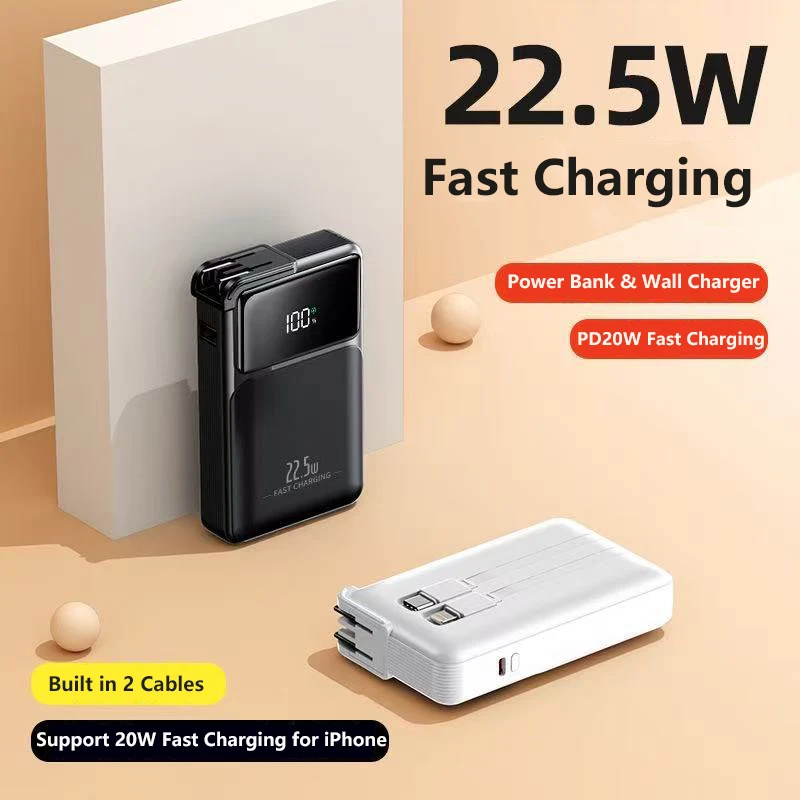 

Power Bank 10000mAh With Cable Plug Wall Charger Powerbank 22.5W Fast Charging for iPhone Samsung Huawei Xiaomi External Battery