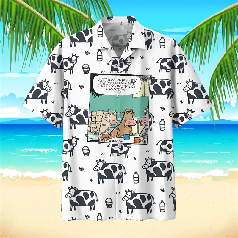 

Men Street Fashion Summer Daily Shirt Hawaiian Manga Cow Print Casual Oversized Breathable Shirts Short Sleeve Beach Blouses