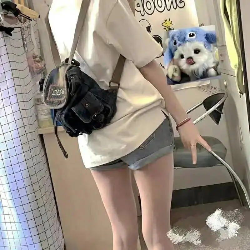 Bloom Vintage Denim Backpack Women Retro Letter Embroidery Casual School Bag Backpacks Female Haruku Y2k Mochila Aesthetic