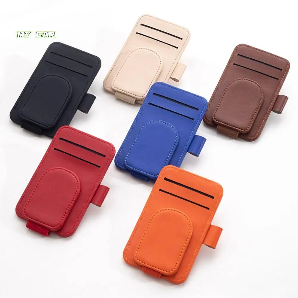 

Strong Magnetic Car Glasses Hanger Clip PU Leather Space Saving Car Sunglasses Holder Easy To Install Compact Credit Card Pocket