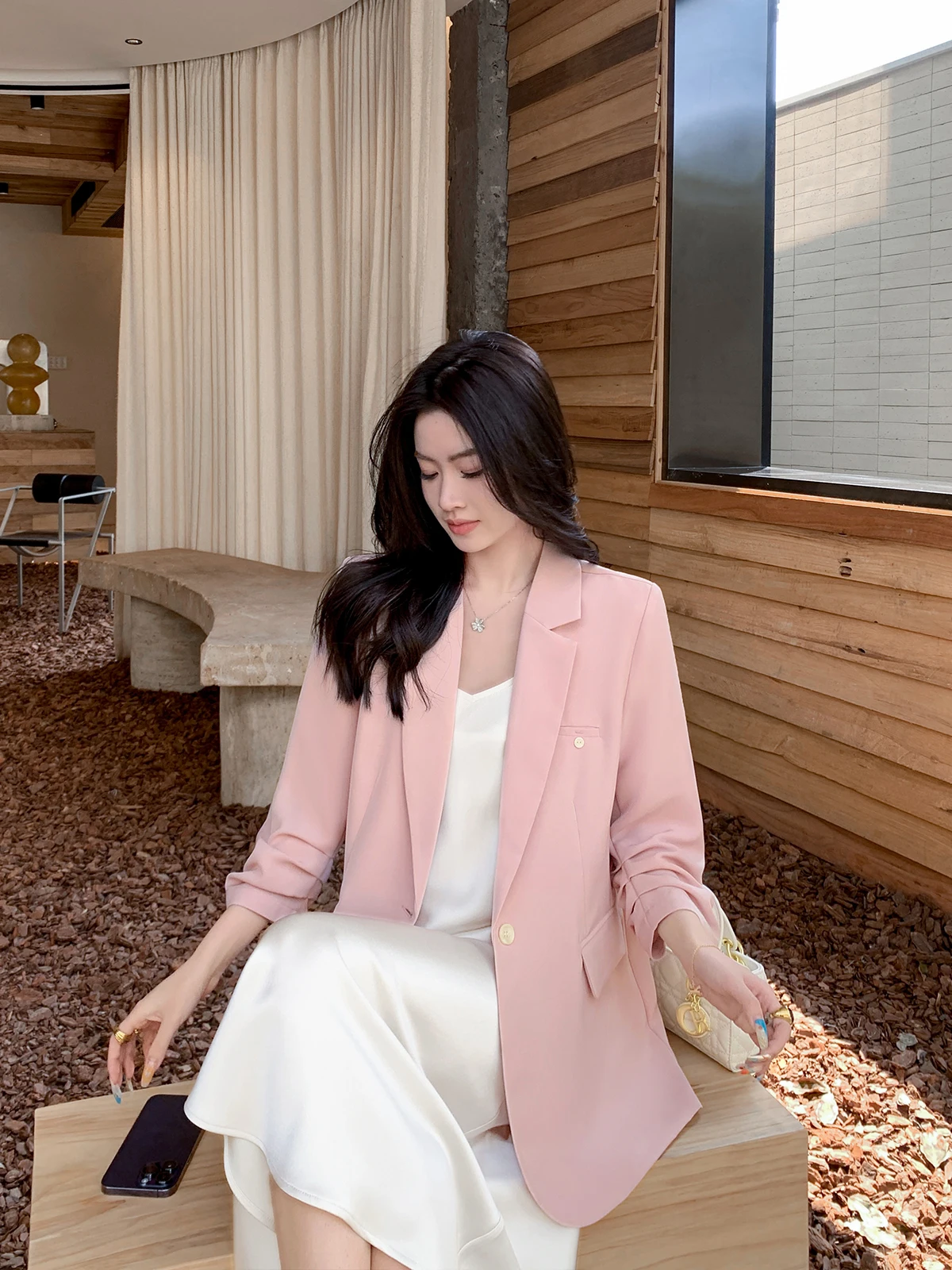 

Light Pink Thin Women's Suit Jaet Spring Summer New Sle High-End Feeling Streetwear Small Size Profional Clothing