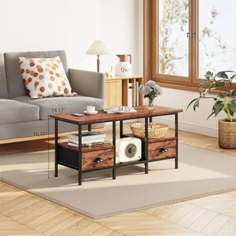 Table basse avec 2 tiroirs en tissu, petite table basse de 35 pouces pour le salon, table centrale à 2 niveaux avec étagères de rangement pour le bureau