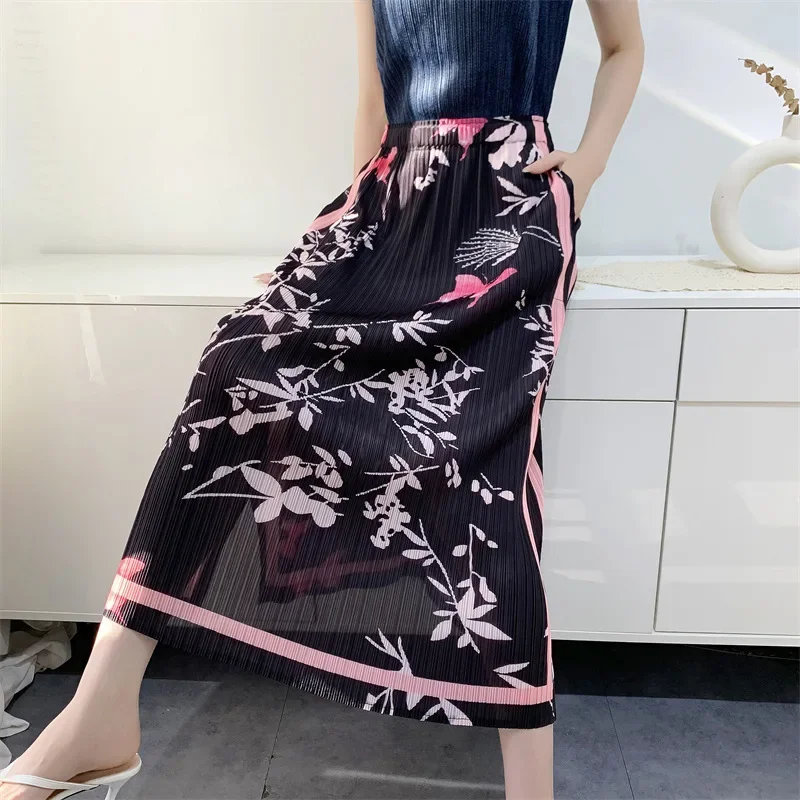 Pleats Pleated Retro Printing Pleated Bustier Skirt Female Fall New Temperament Commuting Thin Side Open Fork A-line Skirt