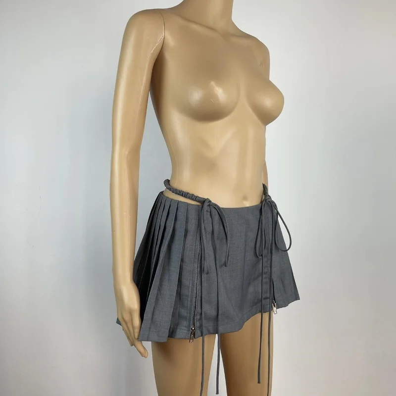 Women Pleated Tie Up Zipper Skirt Dropped Waist Sexy Mini Skirts Tennis Girl Dance Skirt Kawaii Casual Korean Skirt Faldas Jupe