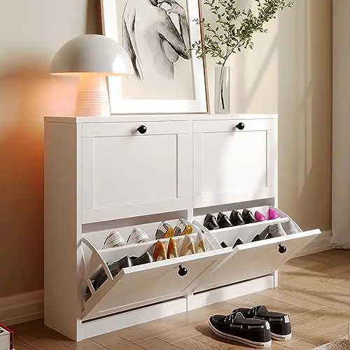 Shoe Cabinet with 4 Flip Drawers, Freestanding Shoe Storage Cabinet with Adjustable Shelf & Anti-Tipping Device, Shoe