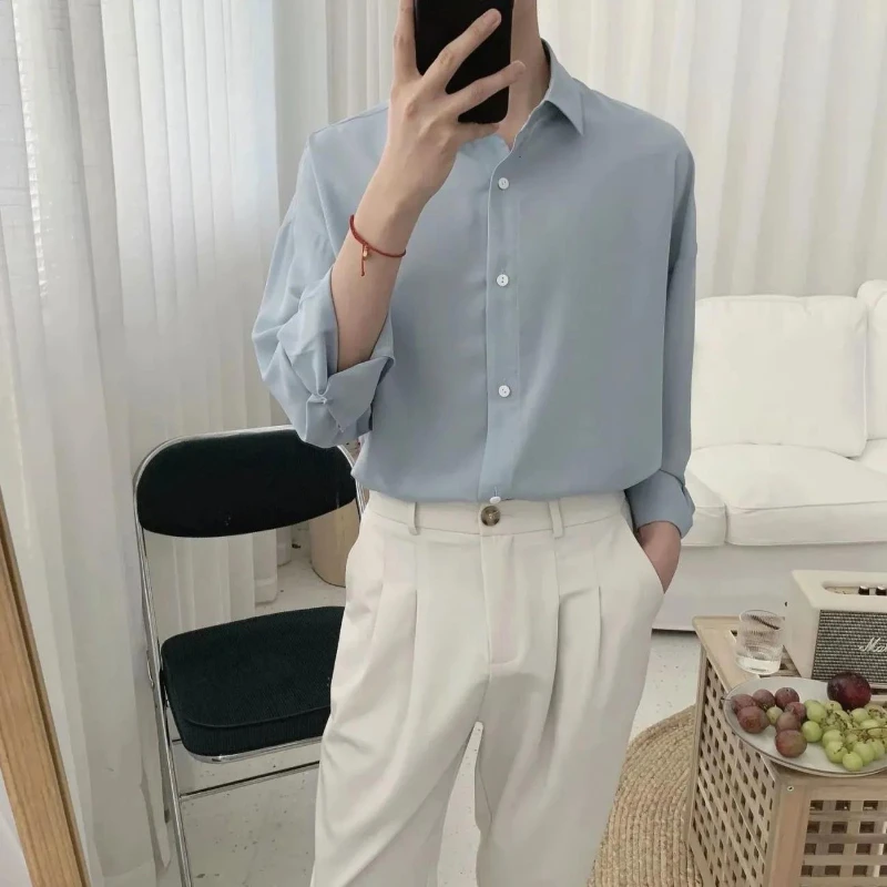 Ice Silk Long-sleeved Shirt for Men Without Ironing Korean Style Drooping Handsome Summer Thin Loose Sunscreen Shirt Casual