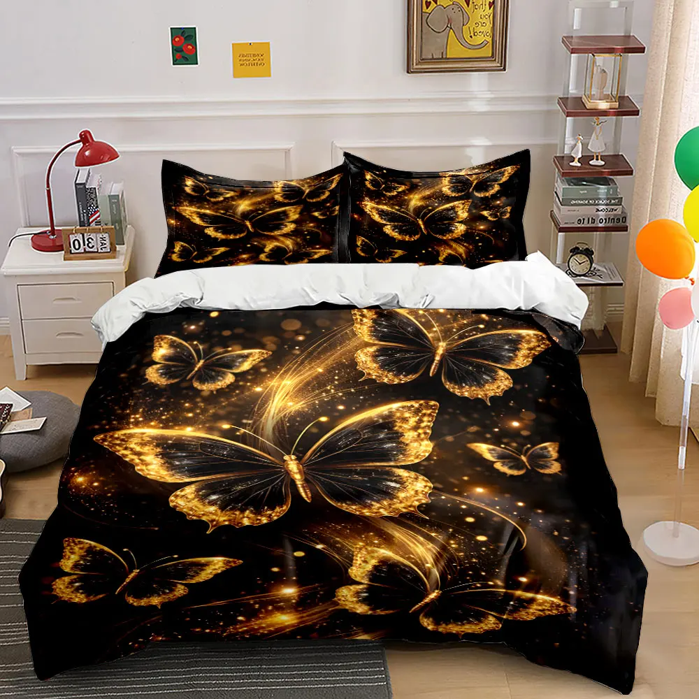 Fantasy Golden Butterfly Print Bedding Set 1 Duvet Cover 2 Pillowcases for Adult and Children Luxury Gift Full Size