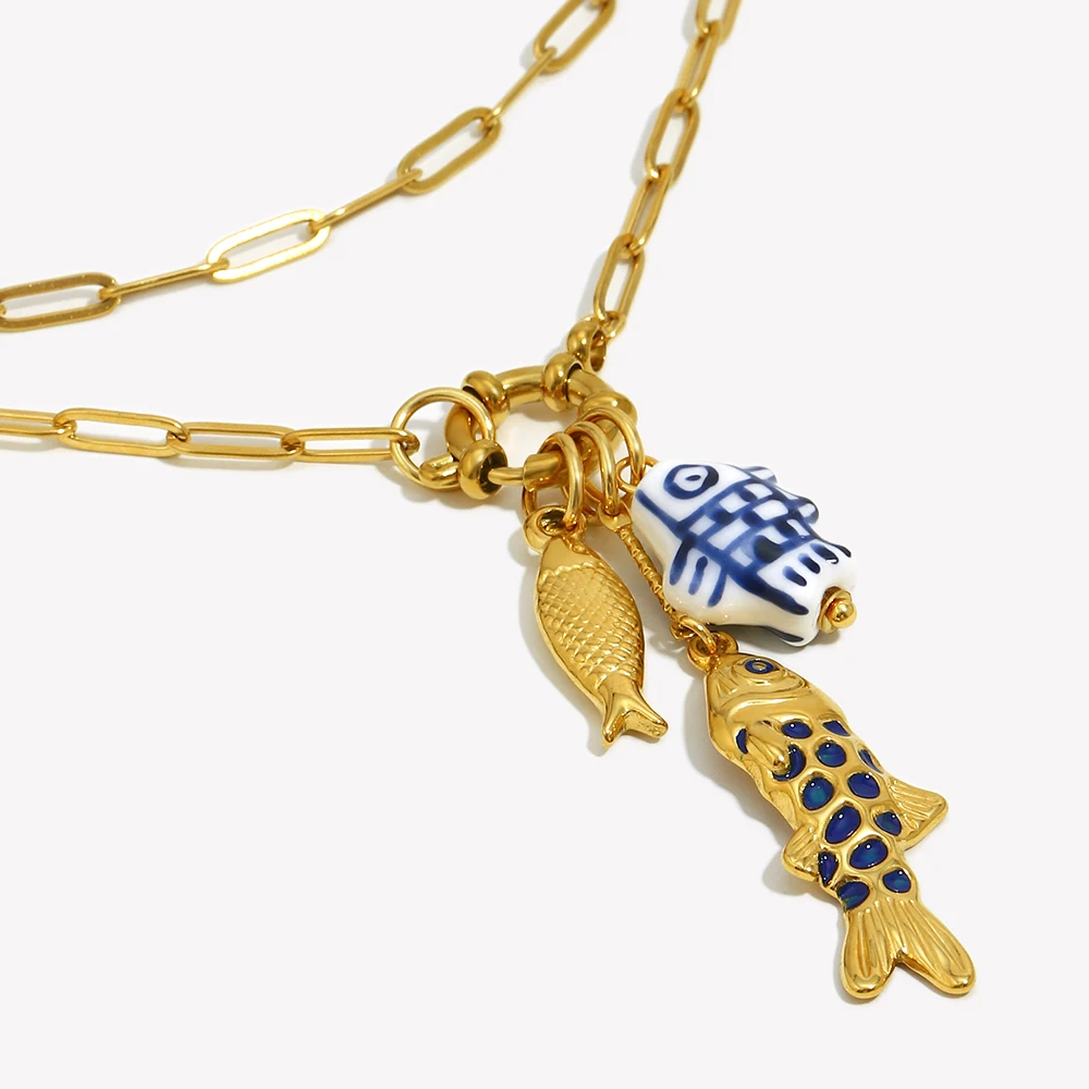 E.B.belle New Design Golden Plated Stainless Steel Waterproof Paper Clip Chain Fish Charm Necklace Women Men Jewelry