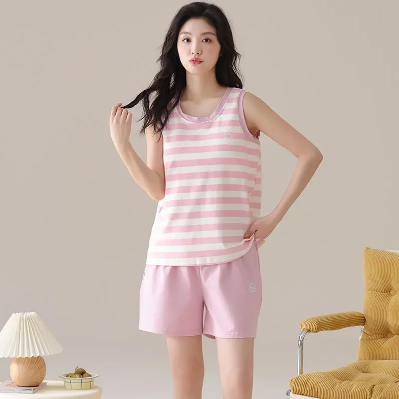 

2026 Summer Sexy Sleeveless Vest Shorts 100% Cotton Pajama Sets for Women Casual Striped Sleepwear Homewear Pijama Mujer Clothes