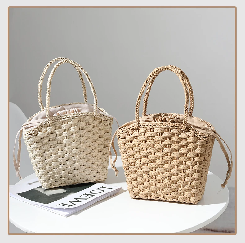 Handmade Women's Handbags Summer Straw Beach Bag Bamboo Braided Handle Female Bag Bohemian Luxury Designer Drawstring Purse