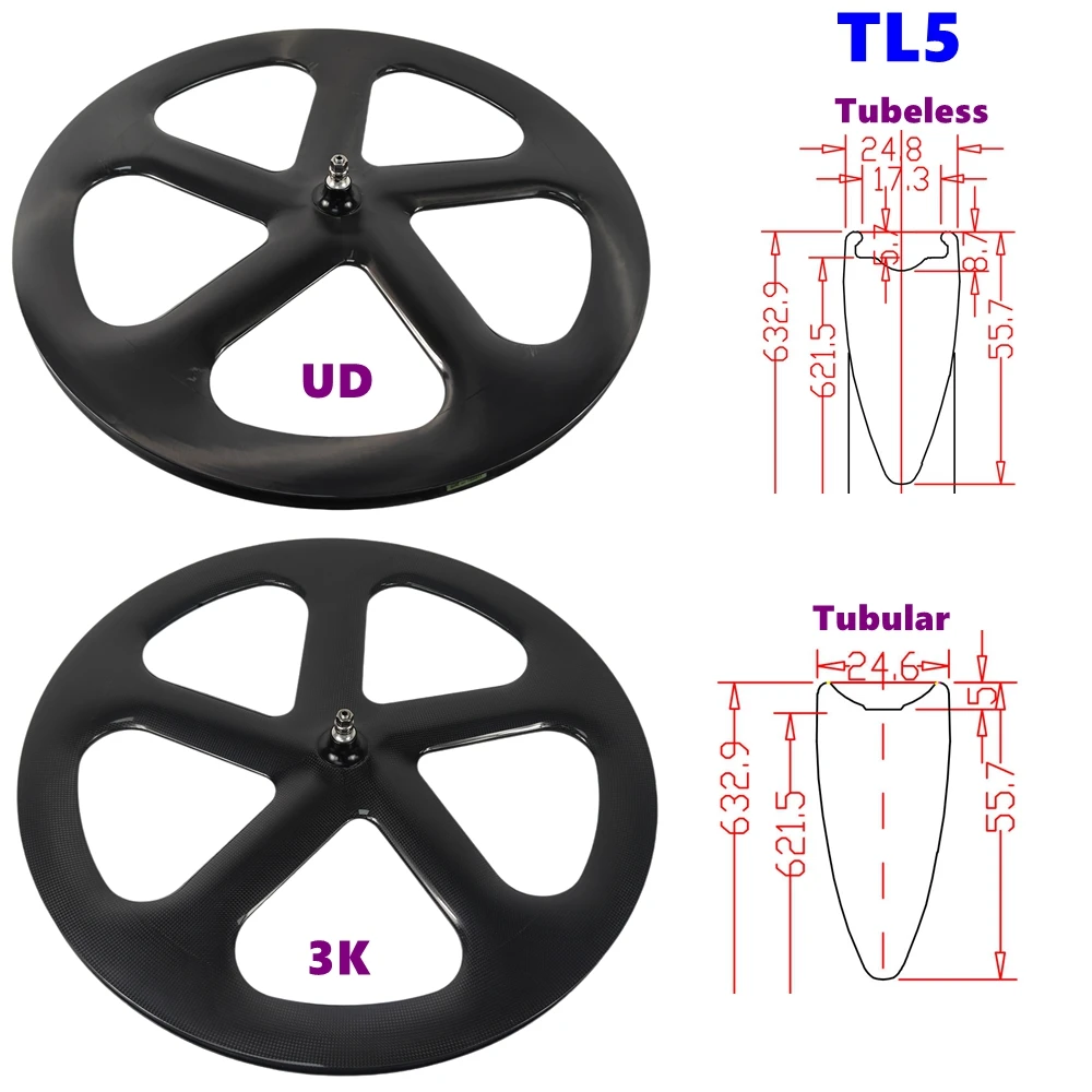 

BIKEDOC TL5 700C Fixed Gear Track Road bike 3K Full Carbon Fibre 5 Spokes Bicycle Wheelset Carbon Clincher Rim Five Spoke Wheels