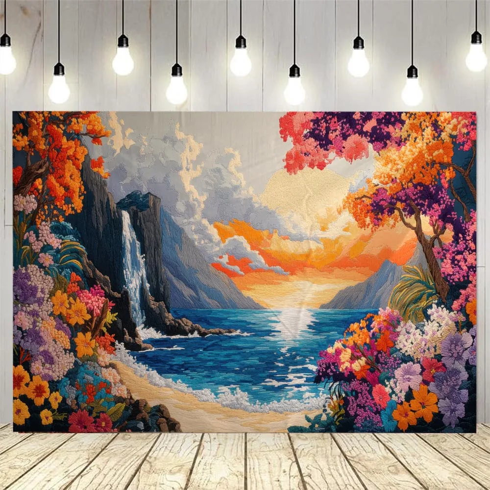 Ocean Coconut Tree Landscape Watercolor Painting Tapestry Wall Hanging Cloth Aesthetic Home Decor for Living Room Bedroom