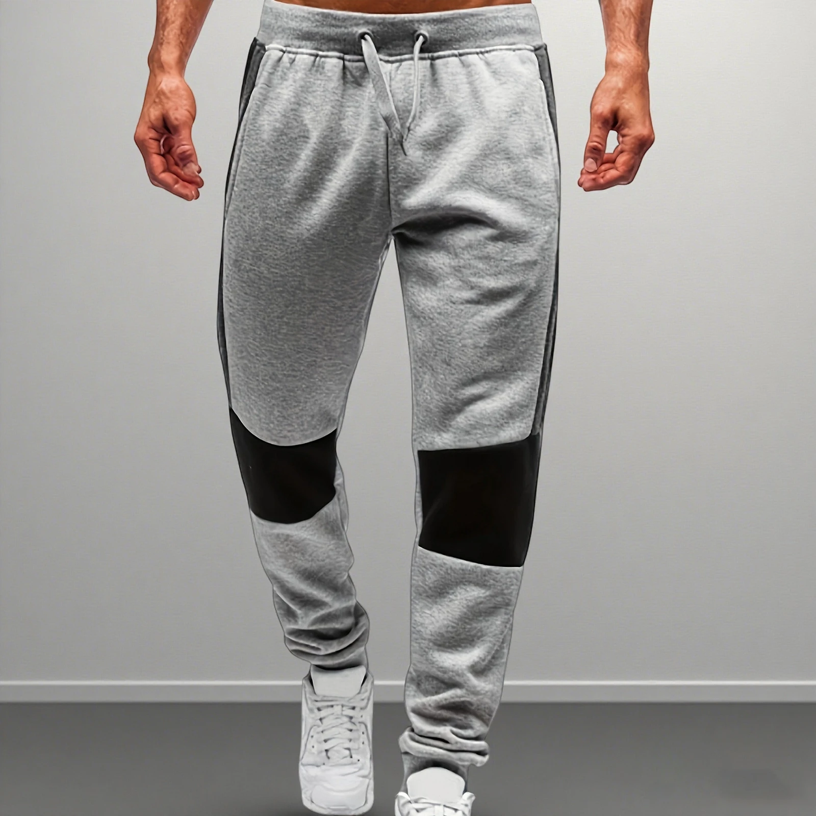 Men's Drawstring Pants with Pockets Stylish Patchwork Mid Rise Leg Trousers Breathable Casual Sweatpants for Spring/Autumn