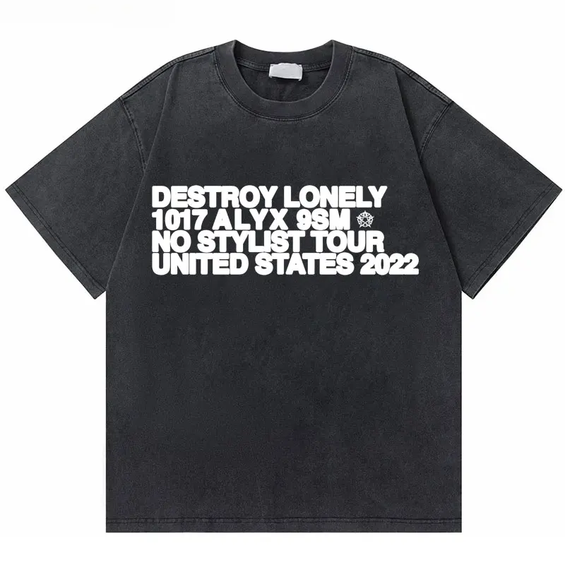 Custom Hip Hop Washed Vintage Rapper Destroy Lonely No Stylist Tour Tshirt Rap Homixide Gang T-shirts Men Casual Oversized