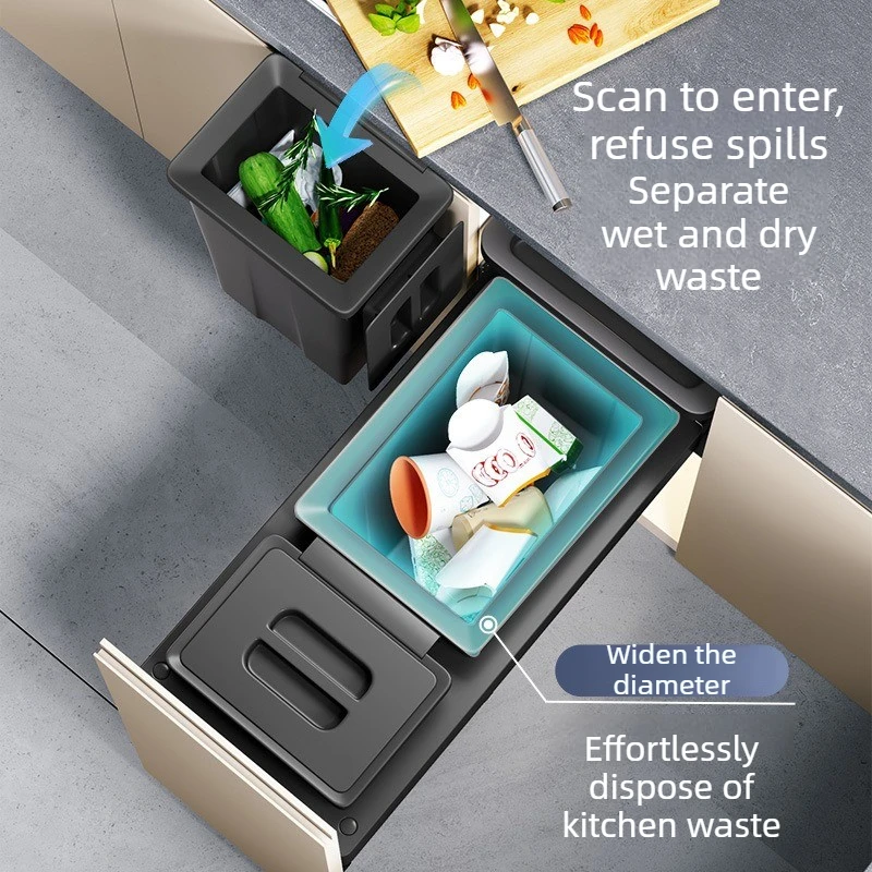Embedded Cabinet Waste Bins Large Capacity Trash Can Kitchen Food Residue Hanging Wastebasket with Lid Household Cleaning Bin