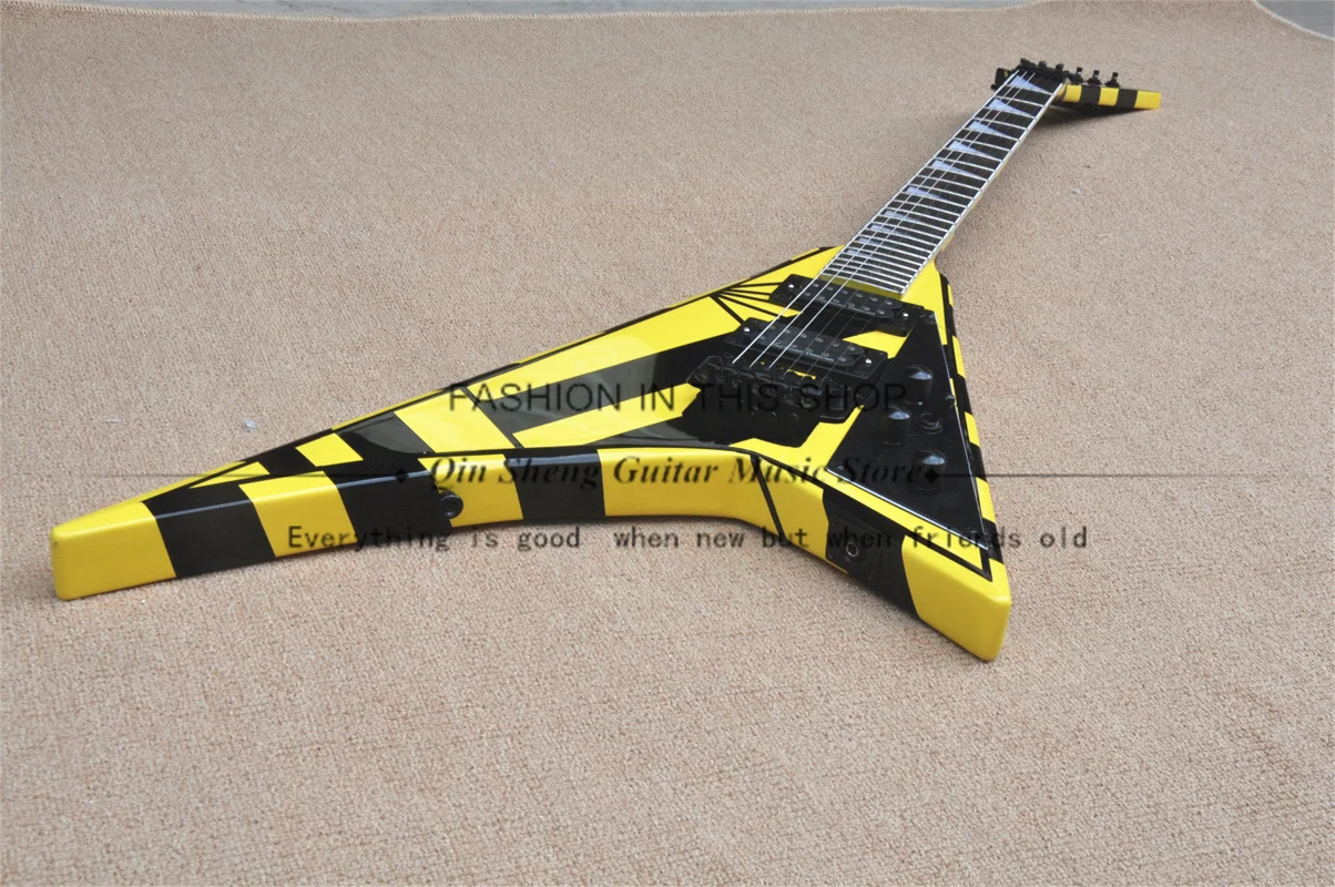 Black-yellow electric guitar, V-shaped guitar, tremolo bridge, black and yellow striped body, HH pickups, rosewood fretboard