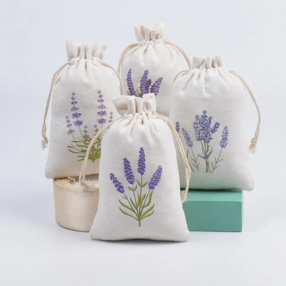 20pcs/lot Romantic Lavender Linen Cotton Canvas Bags Drawstring Gift Pouches 10x15cm 13x18cm for Wedding Birthday Party Packing