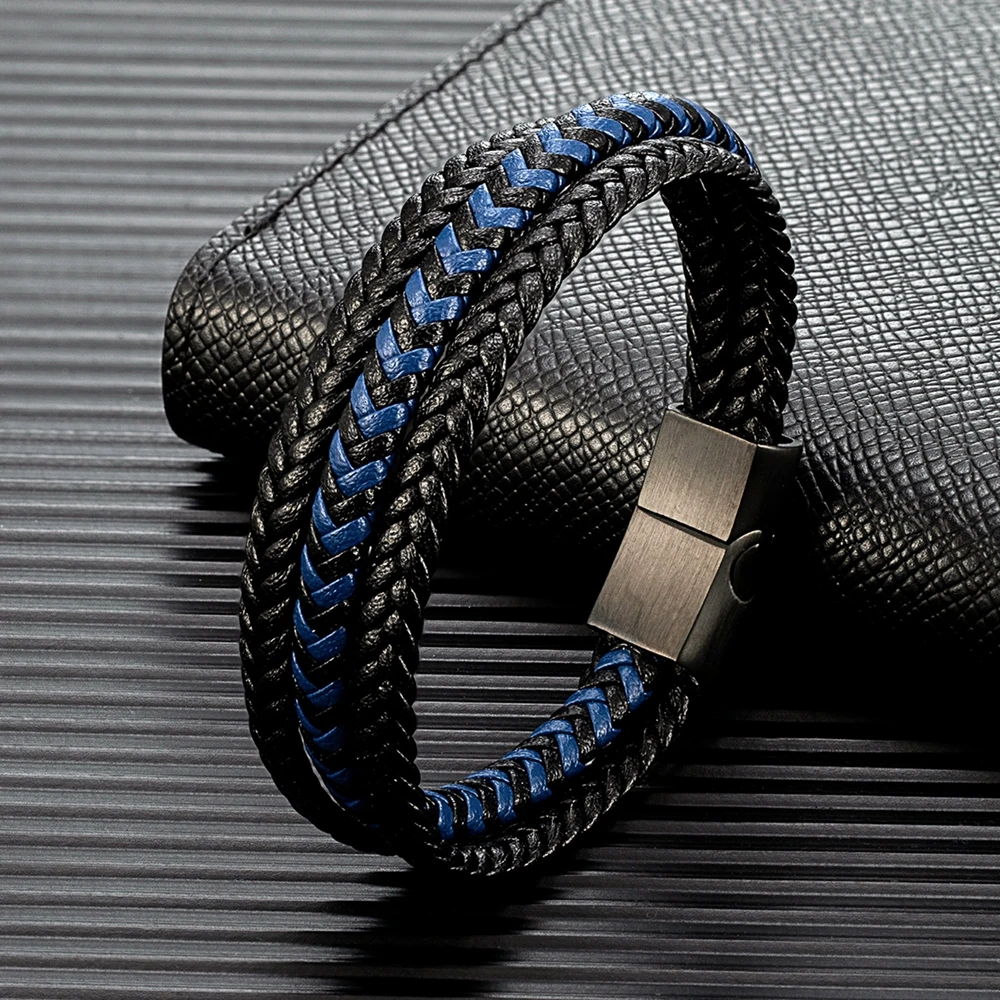 MKENDN Simple Style Men Multilayer Black Blue Leather Bracelet Matte Black Stainless Steel Buckle Accessories Hand-woven Jewelry