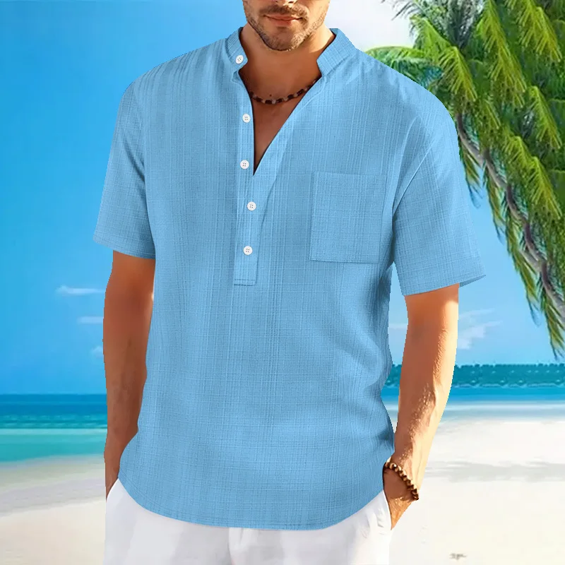 

New men's standing collar short sleeved polo shirt men's imitation linen striped breathable top Male casual vacation Henry shirt