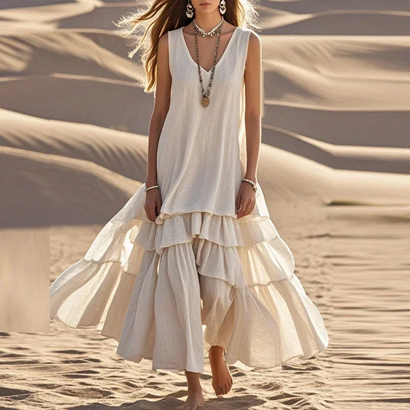 

Retro Solid Cotton Linen Pleated Long Dress Woman Spring Fashion V Neck Loose Maxi Dress Summer Sleeveless Tank Boho Beach Dress