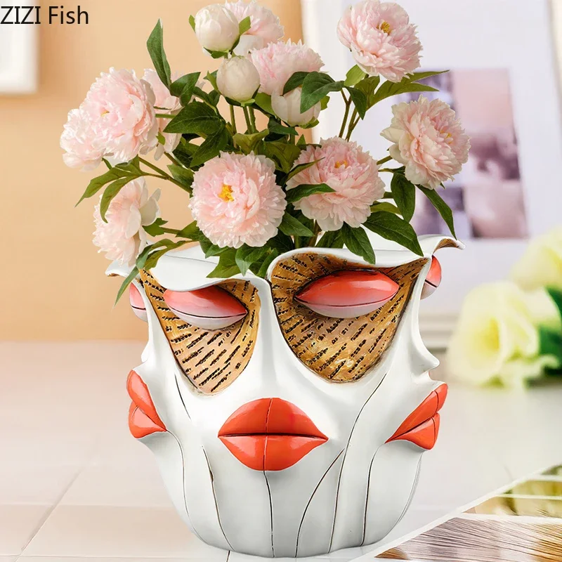 Red Lipped Human Face Vase Desk Decoration Flowers Arrangement Artificial Flower Decorative Floral Vases Room Aesthetic Decor