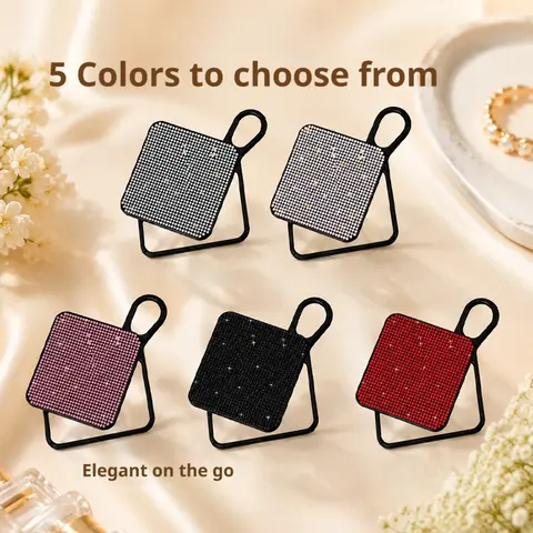 Petit miroir pliable double face incrusté de diamants, miroir de maquillage portable, support de bureau, mini miroir de maquillage