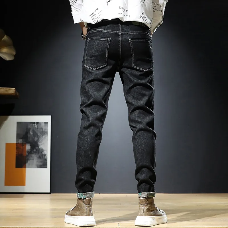 Autumn Men Jeans Korean Style Streetwear Black Slim Fit Pants Casual Stretch Denim Trousers