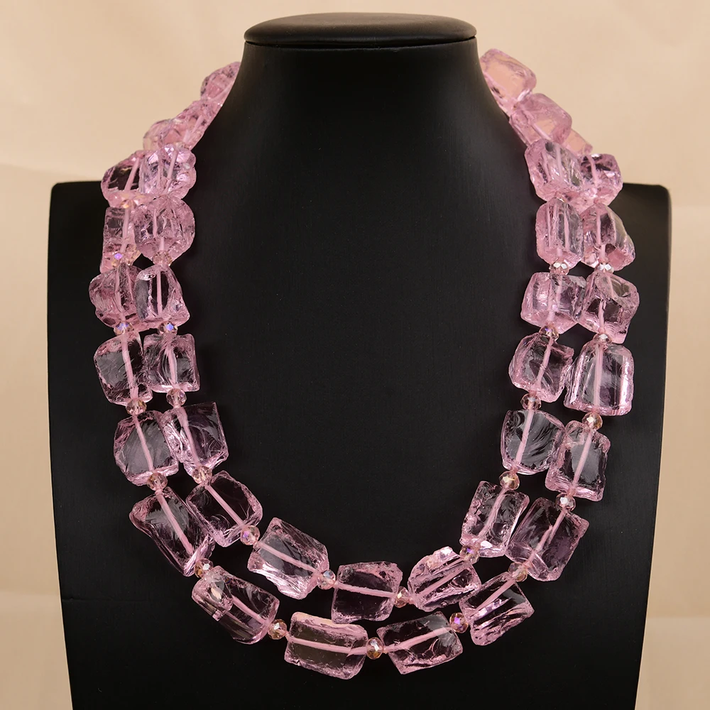 

GG 2 Rows Natural Pink Glass Quartz Nugget Rough Crystal Multi Strands Necklace Handmade Lady Heavy Jewelry