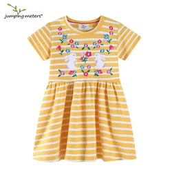 Jumping Meters Top Selling New Bunny Embroidery Children's Dresses Striped Hot Kids Clothes Todder Girls Party Dresses Frocks