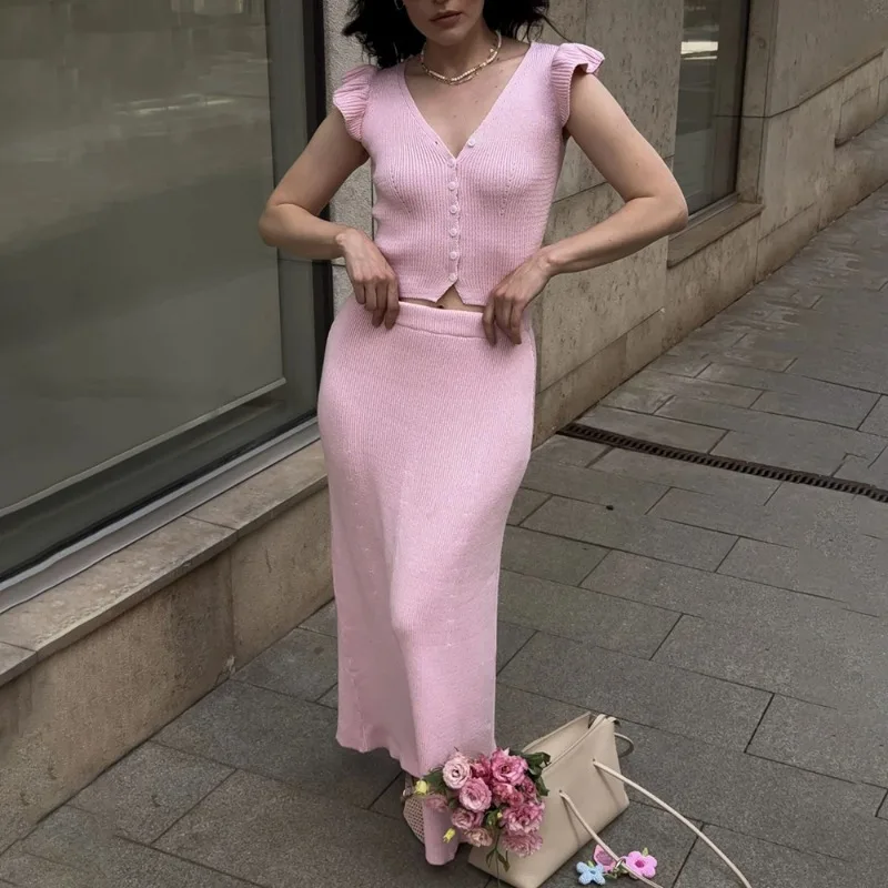 

Tuularose Elegant Knit Dress Set Fashion V-Neck Sleeveless Cardigan Top Slim Skirts Set Women Casual Luxury Vacation Dress Set