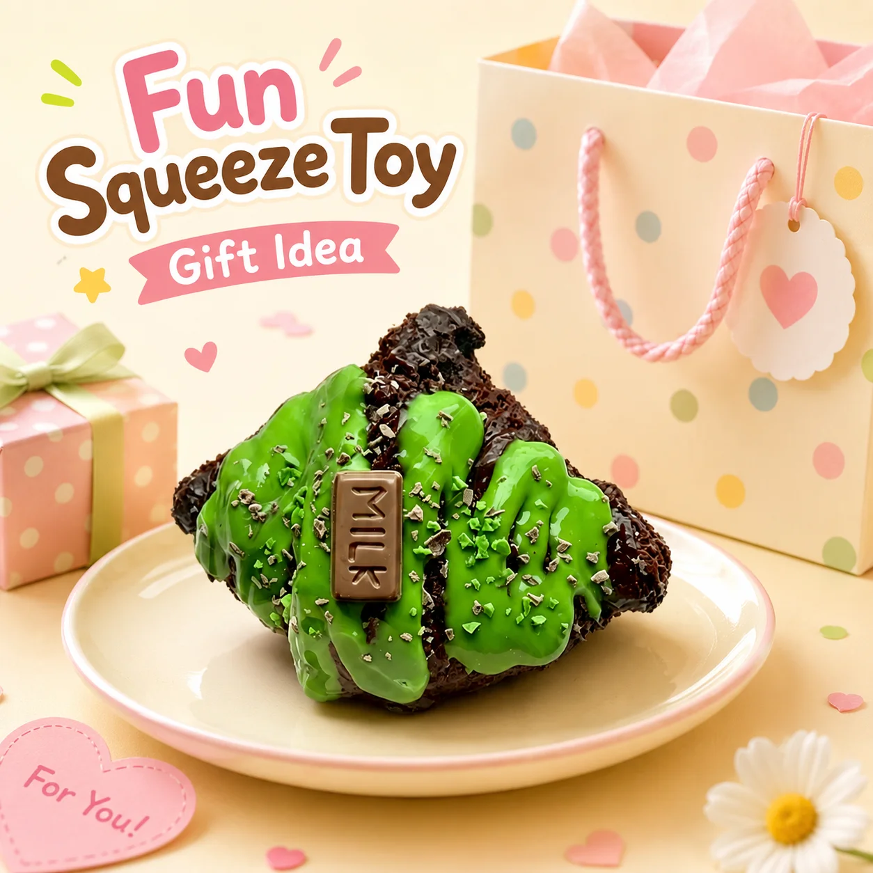 Juguete Blandito de TPR de Grado Alimenticio con Forma de Croissant de Chocolate, Simulación de Postre, Barra de Chocolate con Leche y Salsa de Matcha Verde, Juguete Sensorial Suave