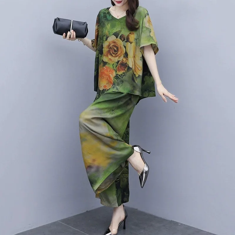 2022 New Spring Summer Two-Piece Women\'s Fashion Print Suit  Female Loose Wide-Leg Pants Lady Casual Retro Tops