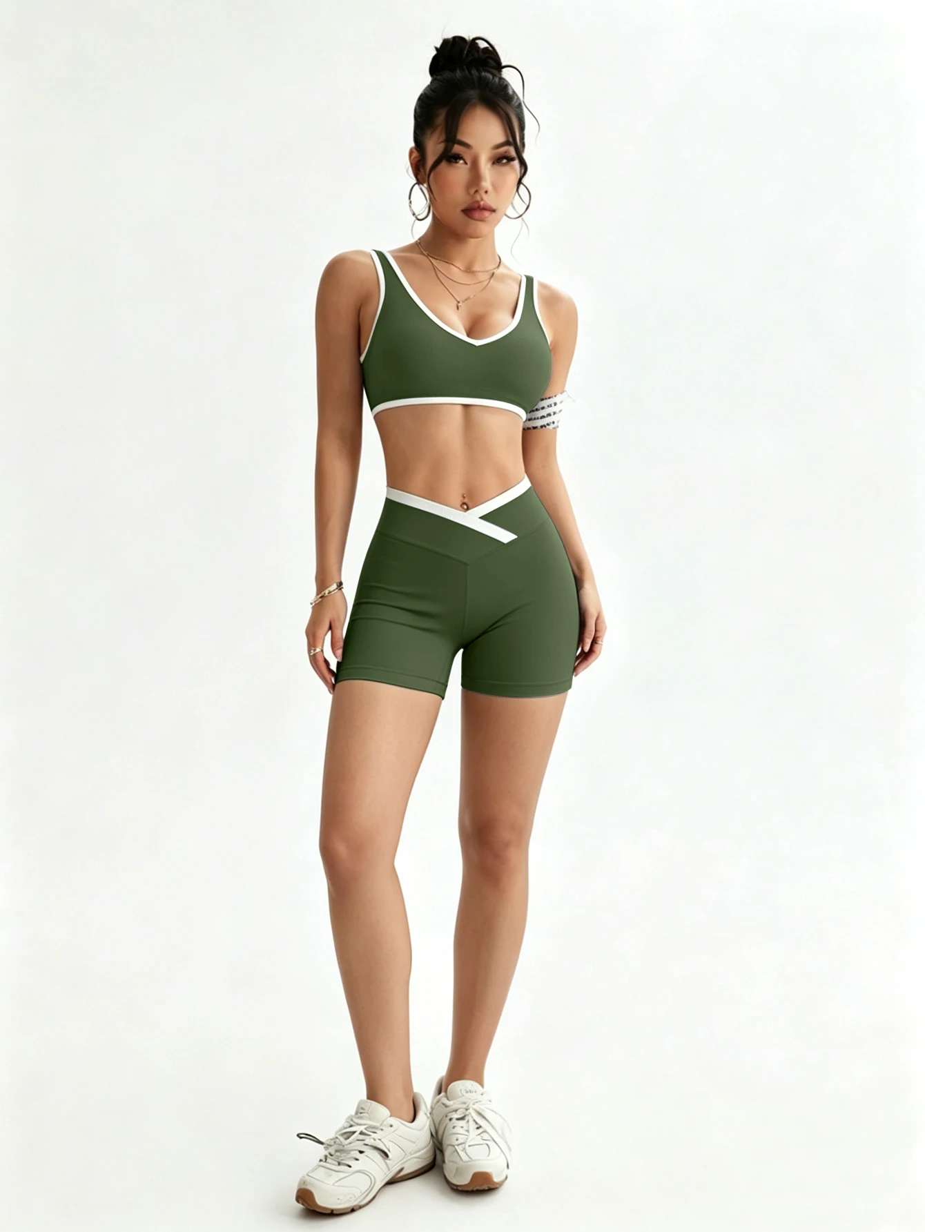 Hochgeschnittenes Cross-Yoga-Shorts-Set Farbblock V-Ausschnitt Sport-BH Bauchkontrolle Fitness Zweiteiliges Workout-Outfit – Detail 6