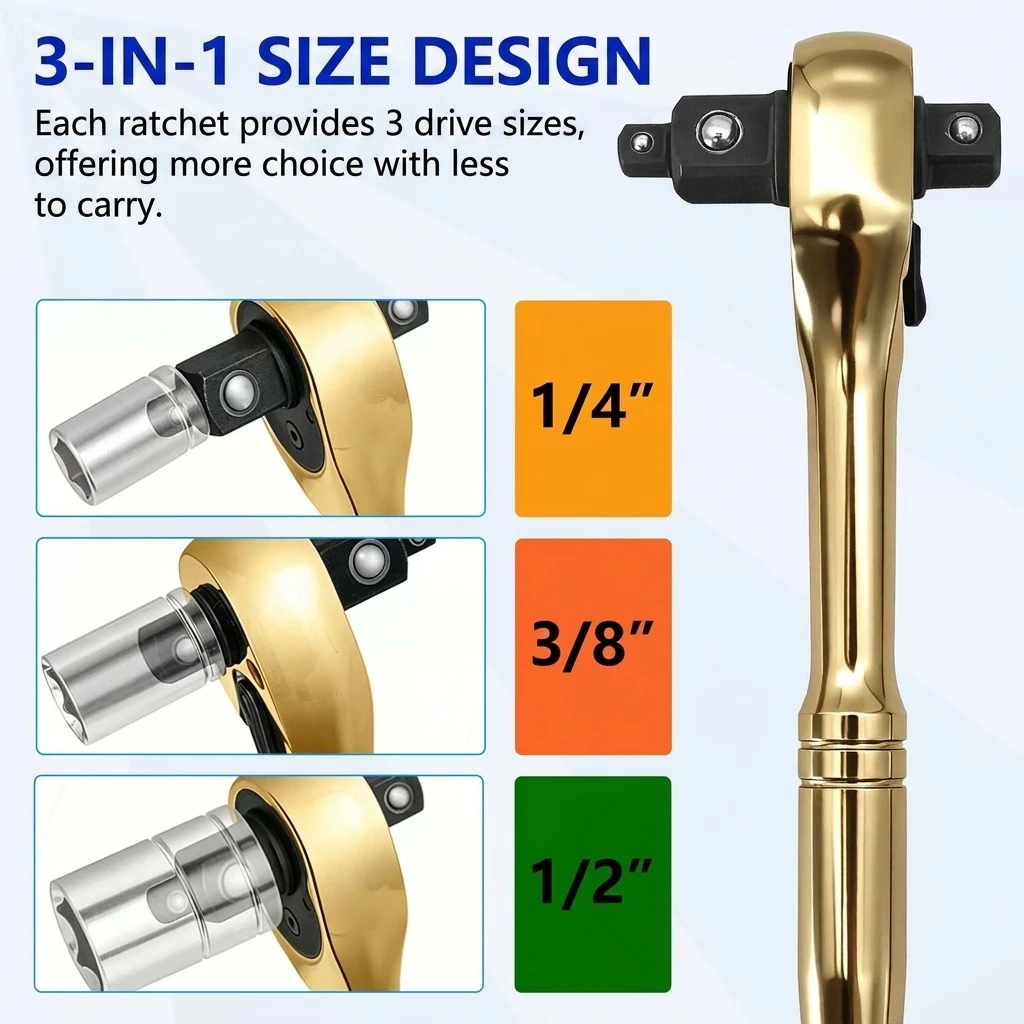 3-in-1 Ratchet Wrench High-Strength Steel for Home Auto Repair Reversible Socket Tool 1/2 3/8 1/4 Inch Drive Professional Gear