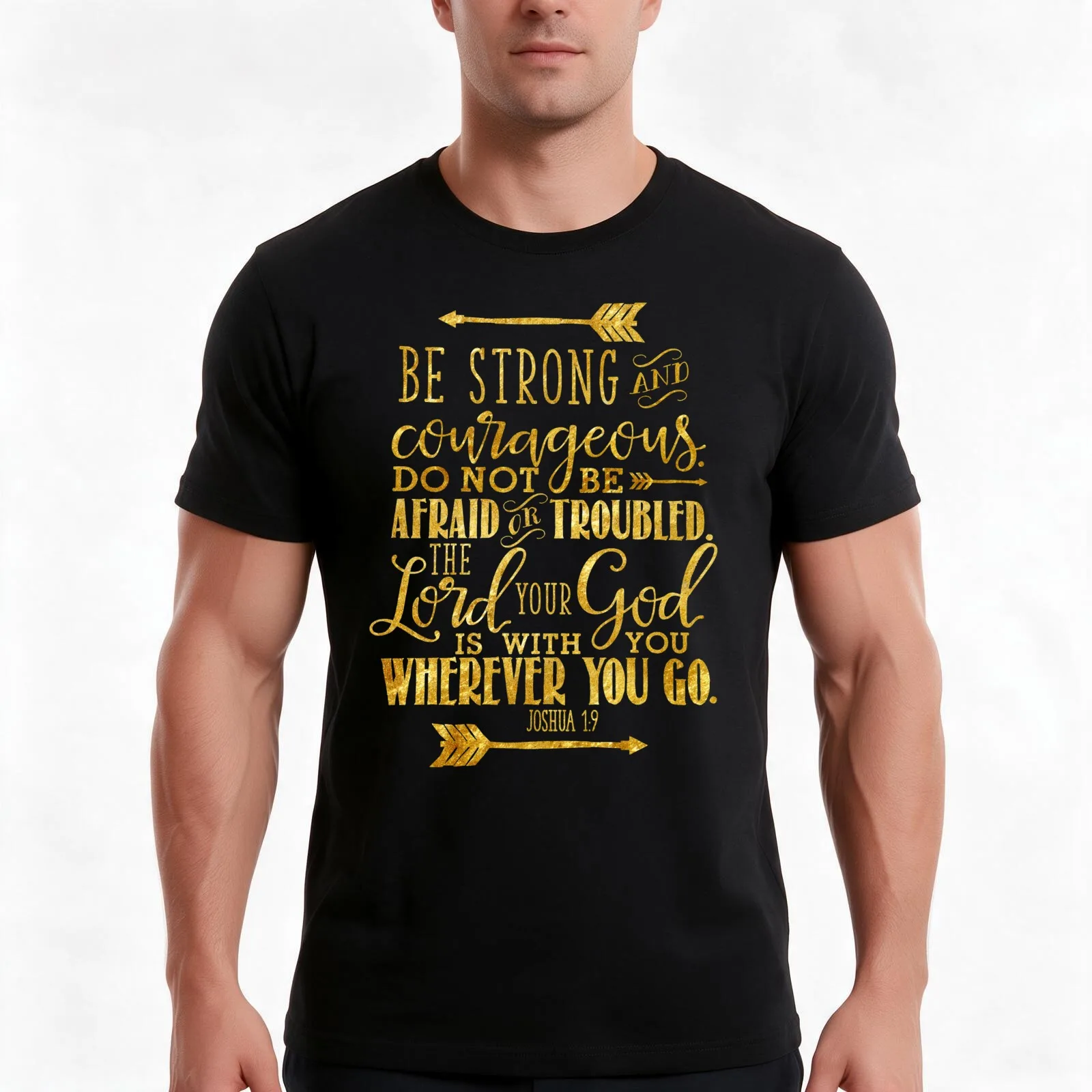 Joshua 1:9 Gold Bible Verse T-Shirt, Summer Casual Cotton Tee, Oversized Streetwear Tops, Vintage Graphic Print, 100% Cotton