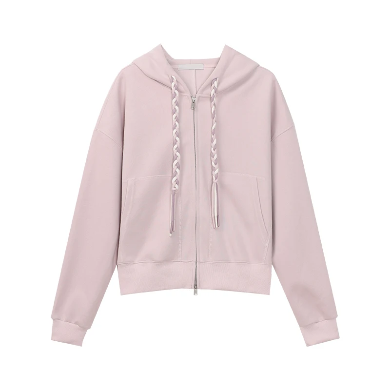 ALXNAN Women's Hoodies Pink Zipper Twisted Drawstring Loose-fit Sweatshirt 2025 Autumn Casual Long Sleeve Coats Female L56811