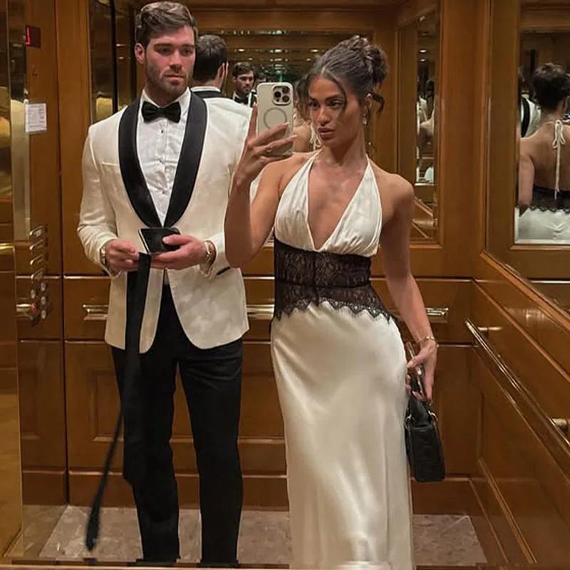 Apprabant Modische Kleider aus weichem Satin mit tiefem V-Ausschnitt, Spitze, Spleißen, hängender Hals, rückenfrei, schlankmachende Taille, sexy, gewickeltes Hüftkleid