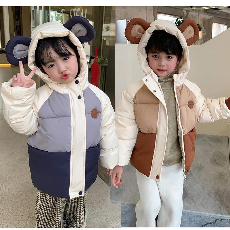 

2-6 Years Cute Ears Winter Boys Girls Jacket 2 Color Thcik Keep Warm Splicing Style Design Fashion Down Coat For Kids