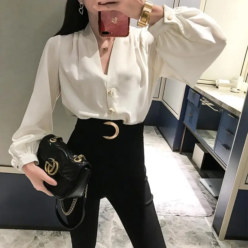 Women Clothing Vintage V Neck Shirt Tops Long Sleeve Solid Color Loose All-match Fashion Blouse Spring Autumn New Elegant Korean