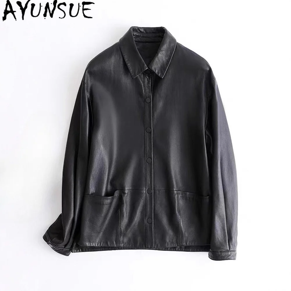 

AYUNSUE Real Leather Jacket Women 2026 Spring Autumn Clothes Loose Fit Fashion Sheepskin Coat for Woman Black Jaqueta De Couro