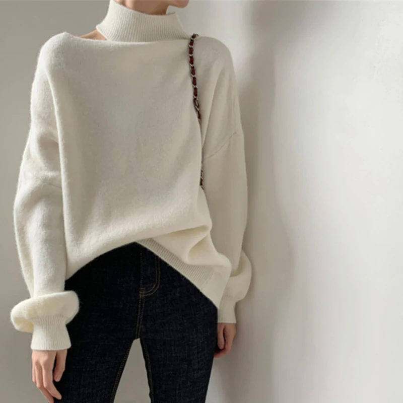 ITOOLIN Autumn Women One Shoulder Hollow Out Sweater Turtleneck Long Sleeve Knit Pullovers Women Loose Causal Sweater Winter