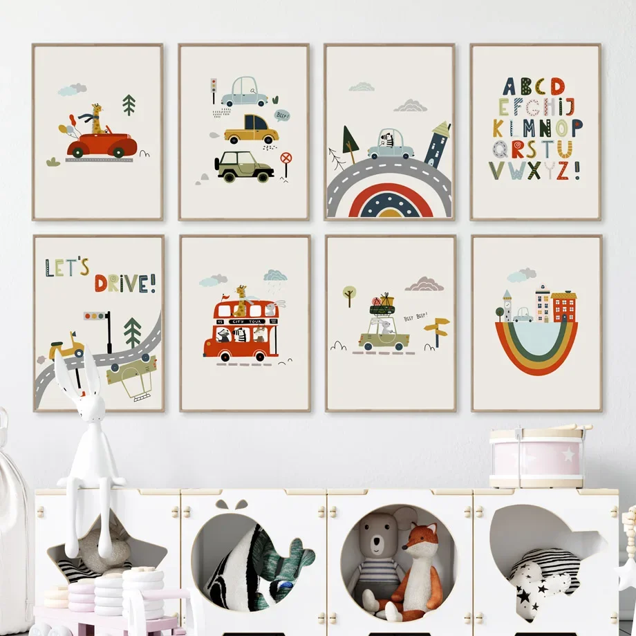 Multiple sizes 1pc frameless Canvas Painting,Funny Cartoon Animal Car Bus Art Nursery Wall Poster Print Giraffe Bridge Children