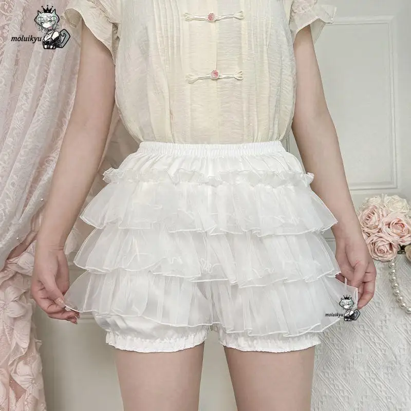 Harajuku Kawaii White Ruffles Pumpkin Pants Women Cute Lace Bow Lolita Safety Short Pants Vintage Victorian Bloomers Leggings - view 4